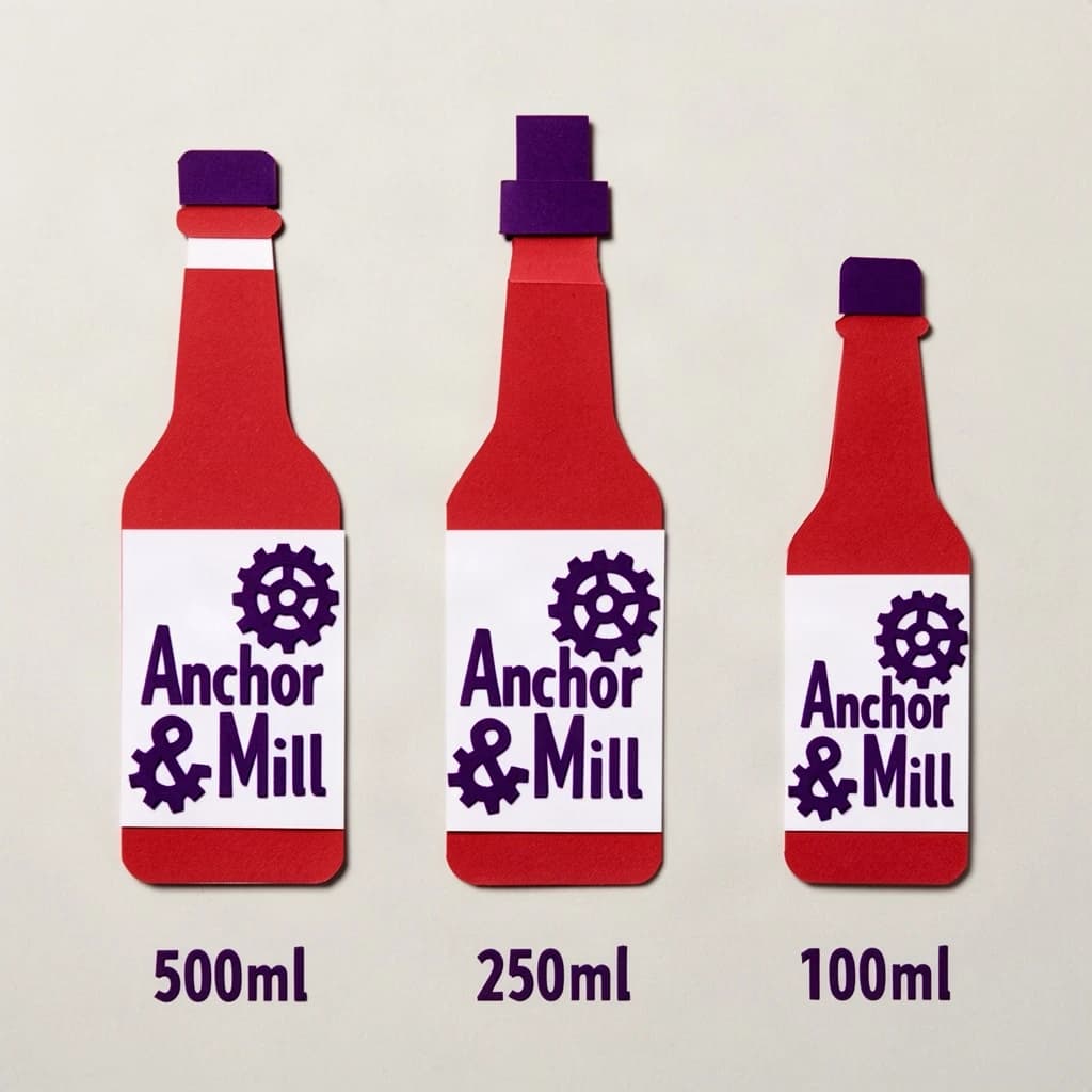 Cut-paper collage of the same hot-sauce bottle drawn in three sizes, captioned "500ml", "250ml" and "100ml", every size carrying the wordmark "Anchor & Mill" with a six-tooth gear mark beside it in the same purple-and-white coloring, only the bottle size changing.