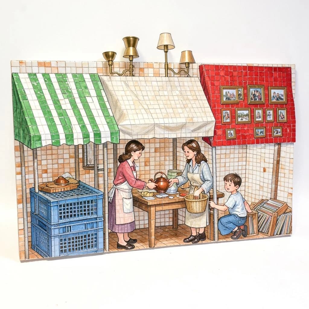 Glass tile mosaic of a Sunday flea market seen from a slightly raised angle, small square tesserae and warm terracotta grout. Three stall awnings in a row: the left one striped green and white over stacked vinyl crates, the middle plain canvas over six brass lamps with only the two tallest wearing shades, the right red awning hung with nine framed pictures in three rows of three. Under the middle awning a vendor in an apron hands a teapot across the table to a woman holding a straw basket, while a boy crouches at her feet by a crate of records. No lettering anywhere.
