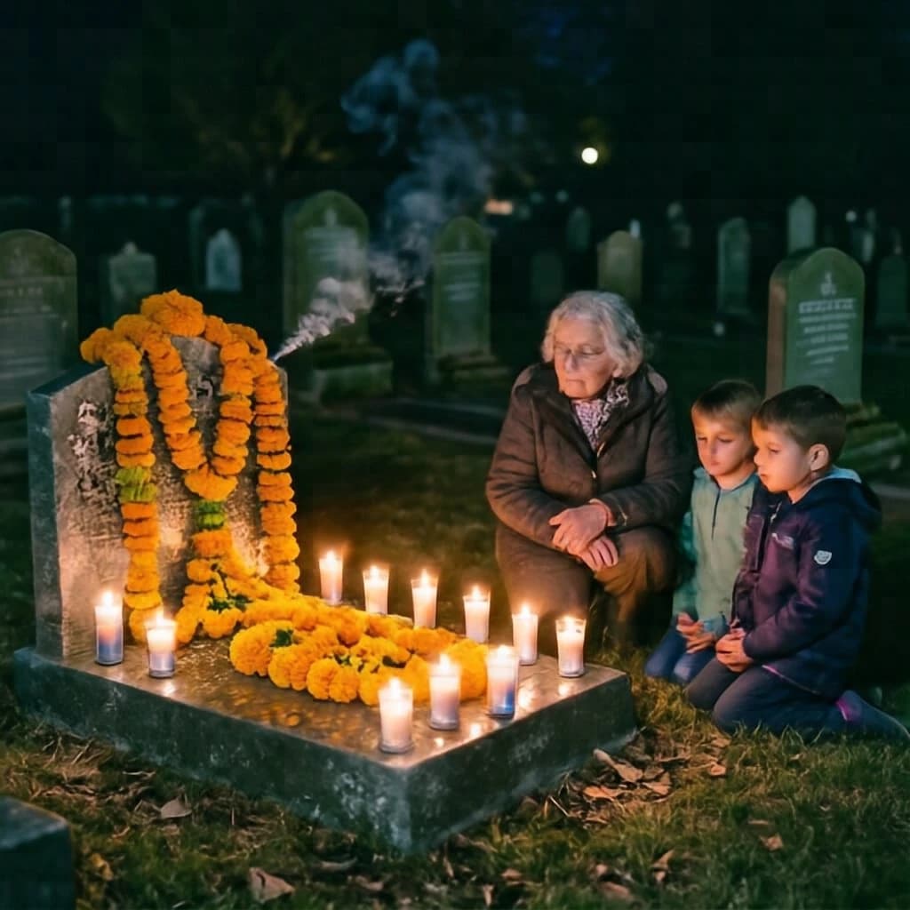 Photojournalism frame from a cemetery vigil at night: one grave slab carrying seven marigold garlands and nine lit candles, three of the candles guttered out and smoking, a grandmother and two children kneeling along the near edge.
