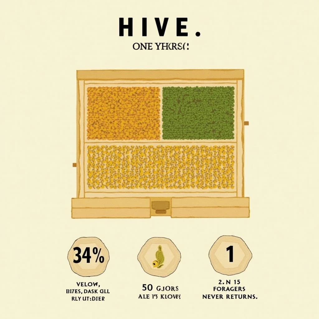 Printed poster titled "Hive, One Year In": at the center a cutaway of a hive frame, carrying two keyed regions, "Pollen basket" shaded amber and "Brood cells" shaded olive, beside a bottom row of three stat chips reading "34% of hives lost last winter", "50 crops rely on bees" and "1 in 15 foragers never returns".