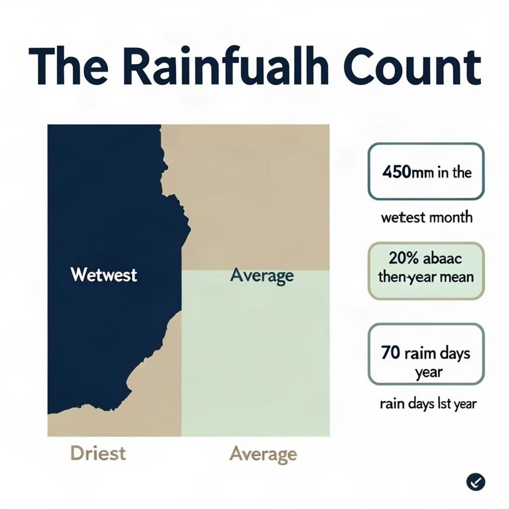 Printed poster titled "The Rainfall Count": at the center a twelve-month rainfall timeline, carrying three keyed regions, "Wettest" shaded dark blue, "Driest" shaded sand and "Average" shaded pale green, beside a right column of three stat chips reading "450mm in the wettest month", "20% above the ten-year mean" and "70 rain days last year".