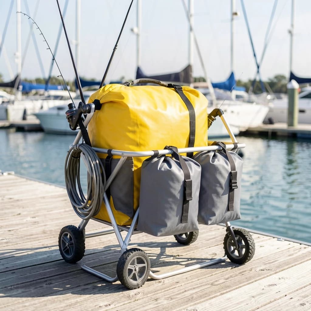 Lifestyle listing photo on a marina dock: a folding dock cart holding three dry bags, the largest yellow and the two smaller ones grey, two fishing rods leaning against the handle, and one coiled dock line hanging from the front rail. Masts blurred behind.