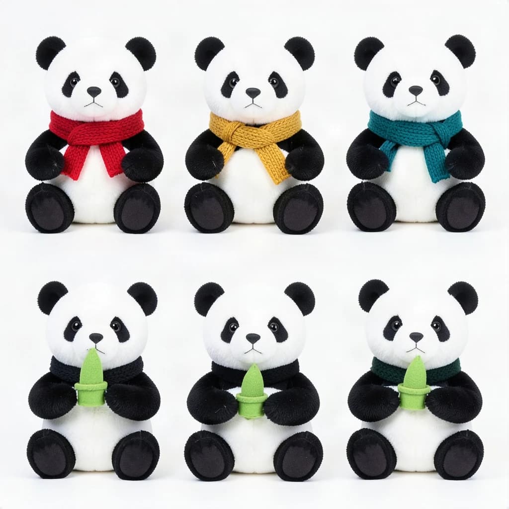 Studio product photography, plain white variant grid: six panda plushes in two rows of three, all seated facing camera. The top row wears knit scarves in red, mustard and teal. The bottom three wear no scarves, each holding a small felt bamboo shoot.