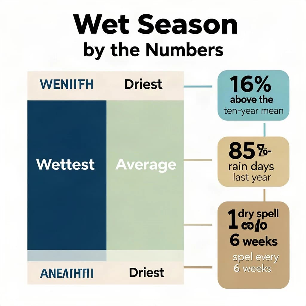 Flat vector illustration titled "Wet Season by the Numbers". A twelve-month rainfall timeline sits at the center, carrying three keyed regions, "Wettest" shaded dark blue, "Average" shaded pale green and "Driest" shaded sand. Three stat chips run down a right column, reading "16% above the ten-year mean", "85 rain days last year" and "1 dry spell every 6 weeks". Each key color matches the shading of the region it names.