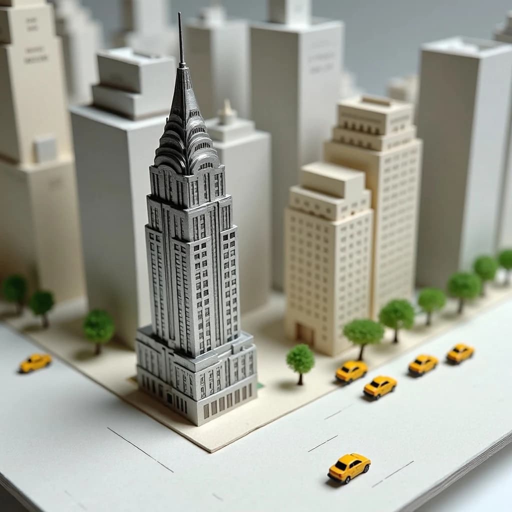 Tilt shift photograph of a hand built architectural scale model of a Midtown Manhattan block, studio lit from the upper left.
The Chrysler Building stands on the corner in polished silver card with its stepped crown and triangular windows. Directly across the street sits a proposed cream limestone tower, two floors shorter, topped by a stepped roof garden. Between them four smaller grey massing blocks in plain foam. Six tiny yellow cabs on the avenue, three stopped at the crossing and three queued behind, with a line of green model trees down the median.