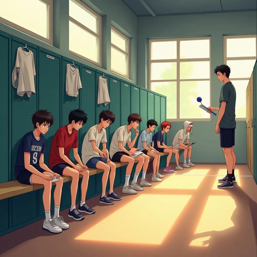Modern anime interior for a high school volleyball series, wide view down a team locker room after practice. Eight lockers along the back wall in two banks of four, the three on the far left hanging open with jerseys spilling out and the rest shut. Four players occupy the foreground bench: the setter re-taping two fingers, the libero pulling on a knee sleeve, the captain reading a clipboard, and a first year asleep sitting upright with a towel over his face. A coach stands in the right doorway holding a whistle, half in shadow. Warm late-sun bars fall through high frosted windows, cel shading, clean bold linework.