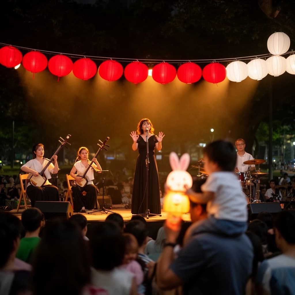 Concert photography, a Mid-Autumn Festival night in a Hong Kong park, shot from inside the crowd toward a low stage lit by warm floods. A singer at the centre microphone holds a note with both hands off the stand; on her left two erhu players sit side by side, on her right a single drummer stands. Eleven paper lanterns hang above the stage, the seven red ones strung in a line and the four white ones clustered at the right end. In the near foreground, out of focus, a child on a father's shoulders holds a rabbit lantern.