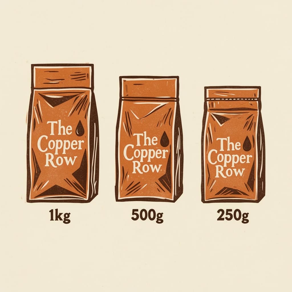 Linocut print: one coffee bag in three sizes. The sizes are captioned "1kg", "500g" and "250g" in that order. The wordmark "The Copper Row" appears on every size with a single droplet symbol beside it. The orange-and-brown coloring is the same across every size, and only the bag size changes.