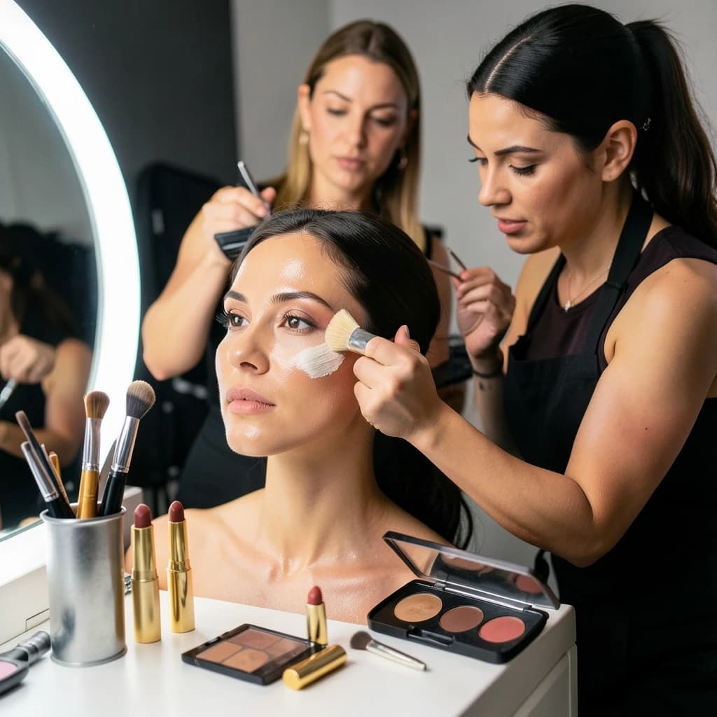 Fashion photograph at a backstage vanity lit by a ring light. A makeup artist in a black apron leans in from the right and blends cream blush into a seated model's cheekbone with her fingers, while a second artist standing behind them holds a lash tray in one hand and tweezers in the other, mid pick. On the counter between them: six brushes standing bristle up in a metal cup, three lipstick bullets lying in a row with their caps off beside them, and one open palette showing two used shades and four untouched. Warm skin tones, glossy highlights, shallow depth of field.