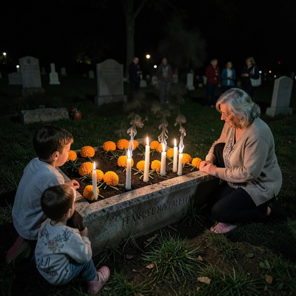 Photojournalism frame from a cemetery vigil at night: one grave slab carrying seven marigold garlands and nine lit candles, three of the candles guttered out and smoking, a grandmother and two children kneeling along the near edge.