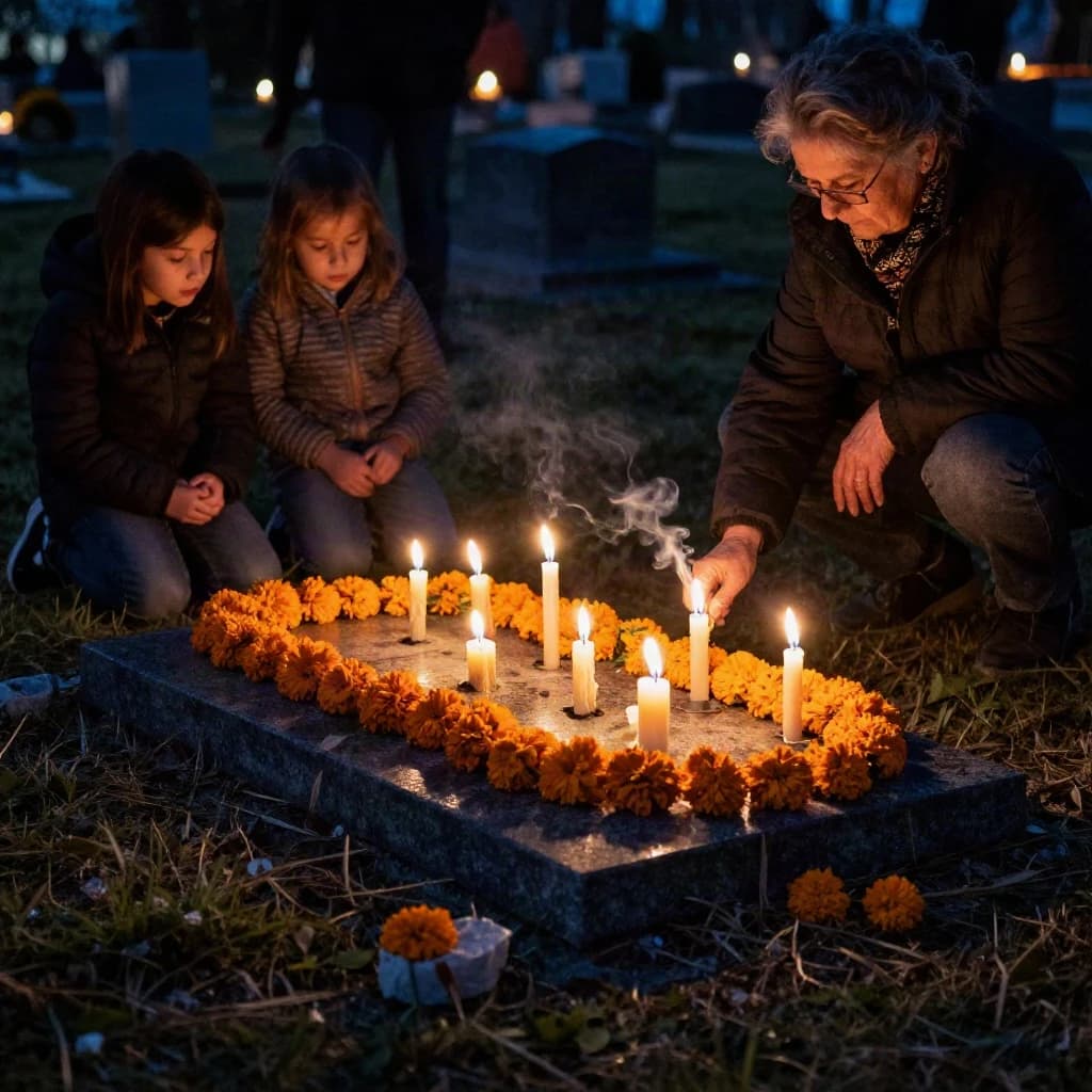 Photojournalism frame from a cemetery vigil at night: one grave slab carrying seven marigold garlands and nine lit candles, three of the candles guttered out and smoking, a grandmother and two children kneeling along the near edge.