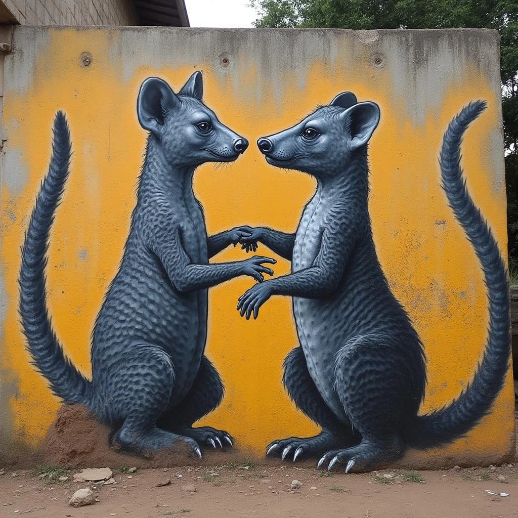 Civet and Aardvark in Yamoussoukro, Côte d'Ivoire in the style of graffiti