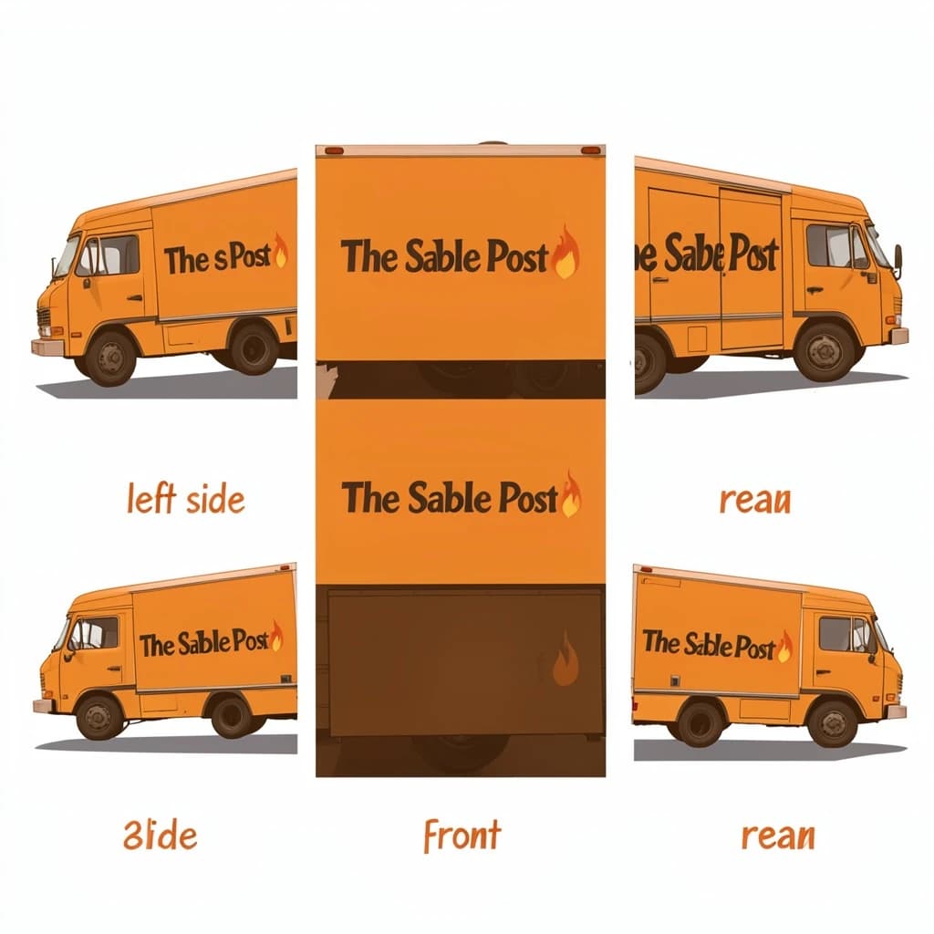 Printed poster: one food truck in three sides. The sides are captioned "left side", "front" and "rear" in that order. The wordmark "The Sable Post" appears on every side with a small flame icon beside it. The orange-and-brown coloring is the same across every side, and only the side changes.