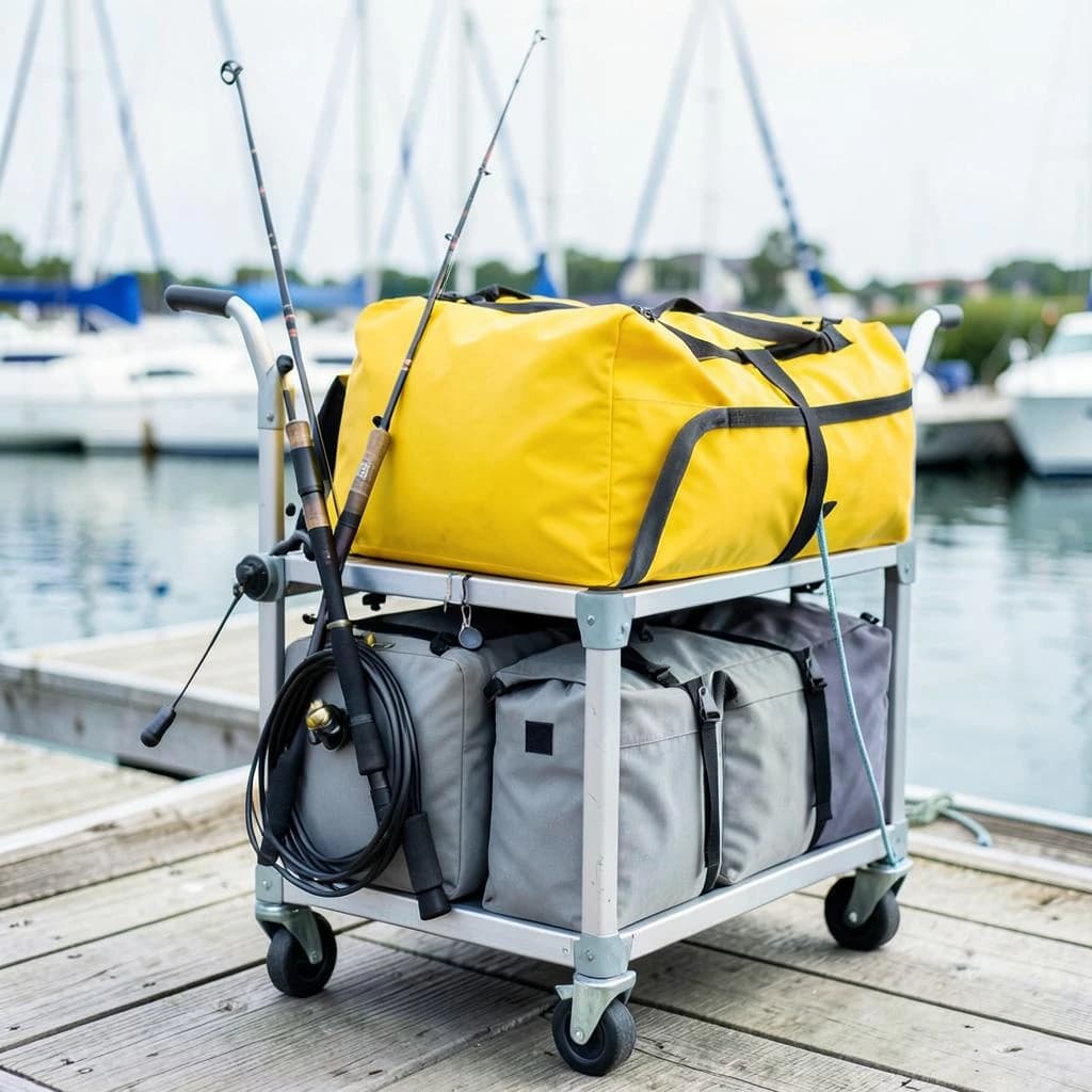 Lifestyle listing photo on a marina dock: a folding dock cart holding three dry bags, the largest yellow and the two smaller ones grey, two fishing rods leaning against the handle, and one coiled dock line hanging from the front rail. Masts blurred behind.