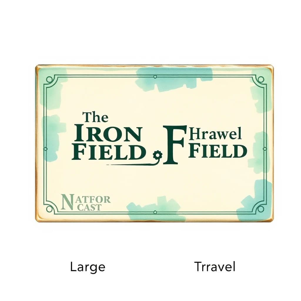 Watercolor: one board-game box in two editions. The editions are captioned "Large" and "Travel" in that order. The wordmark "The Iron Field" appears on every edition with a six-tooth gear mark beside it. The teal-and-cream coloring is the same across every edition, and only the box size changes.