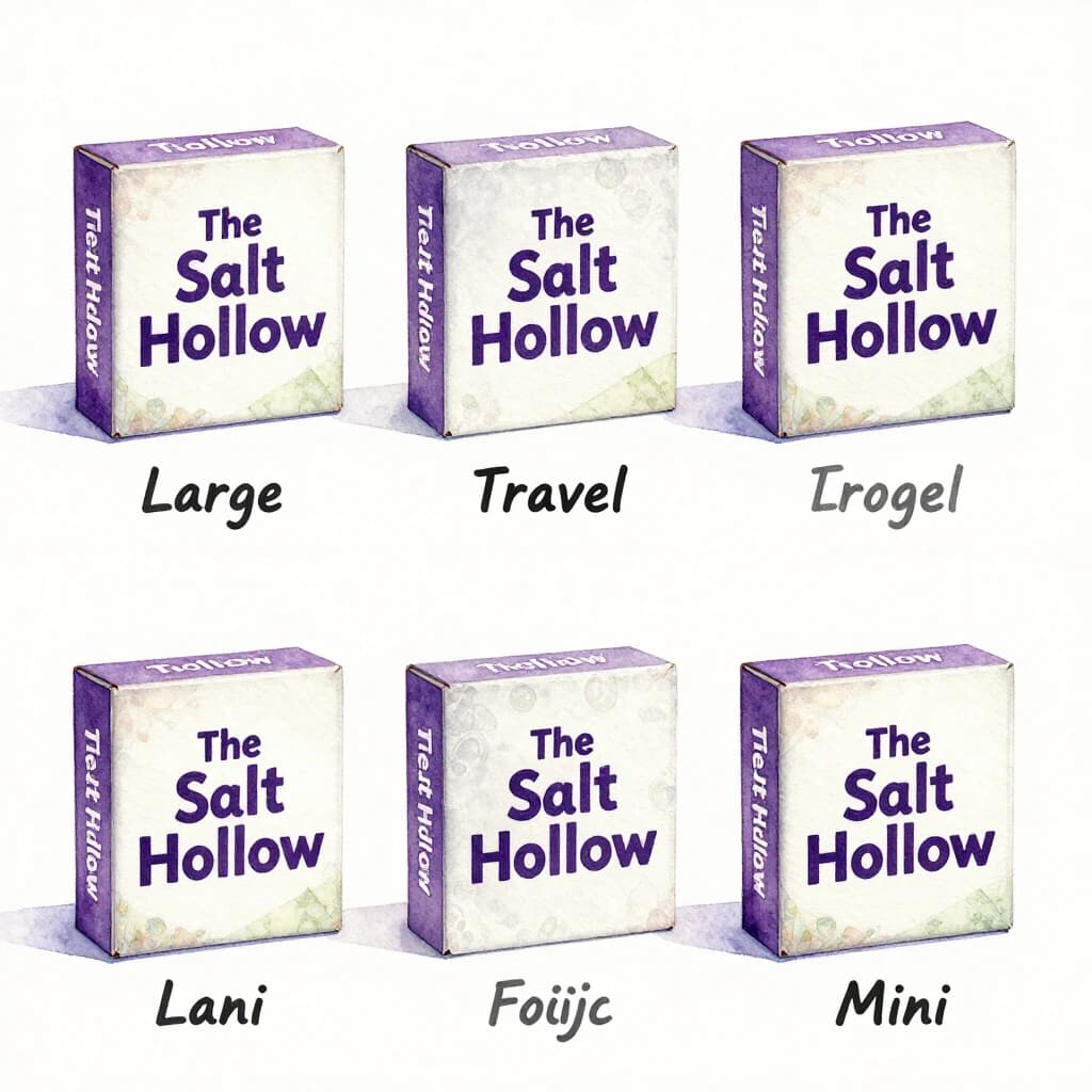 Watercolor of the same board-game box drawn in three editions, captioned "Large", "Travel" and "Mini", every edition carrying the wordmark "The Salt Hollow" in the same purple-and-white coloring, only the box size changing.