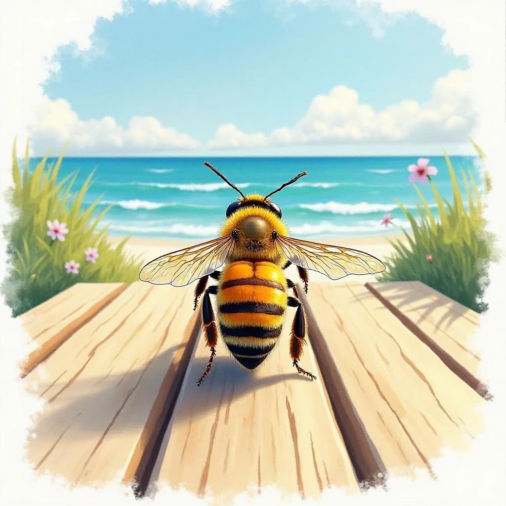 A honeybee seen from the back on a seaside boardwalk, in bright midday sun, overhead flat lay, watercolor style.
