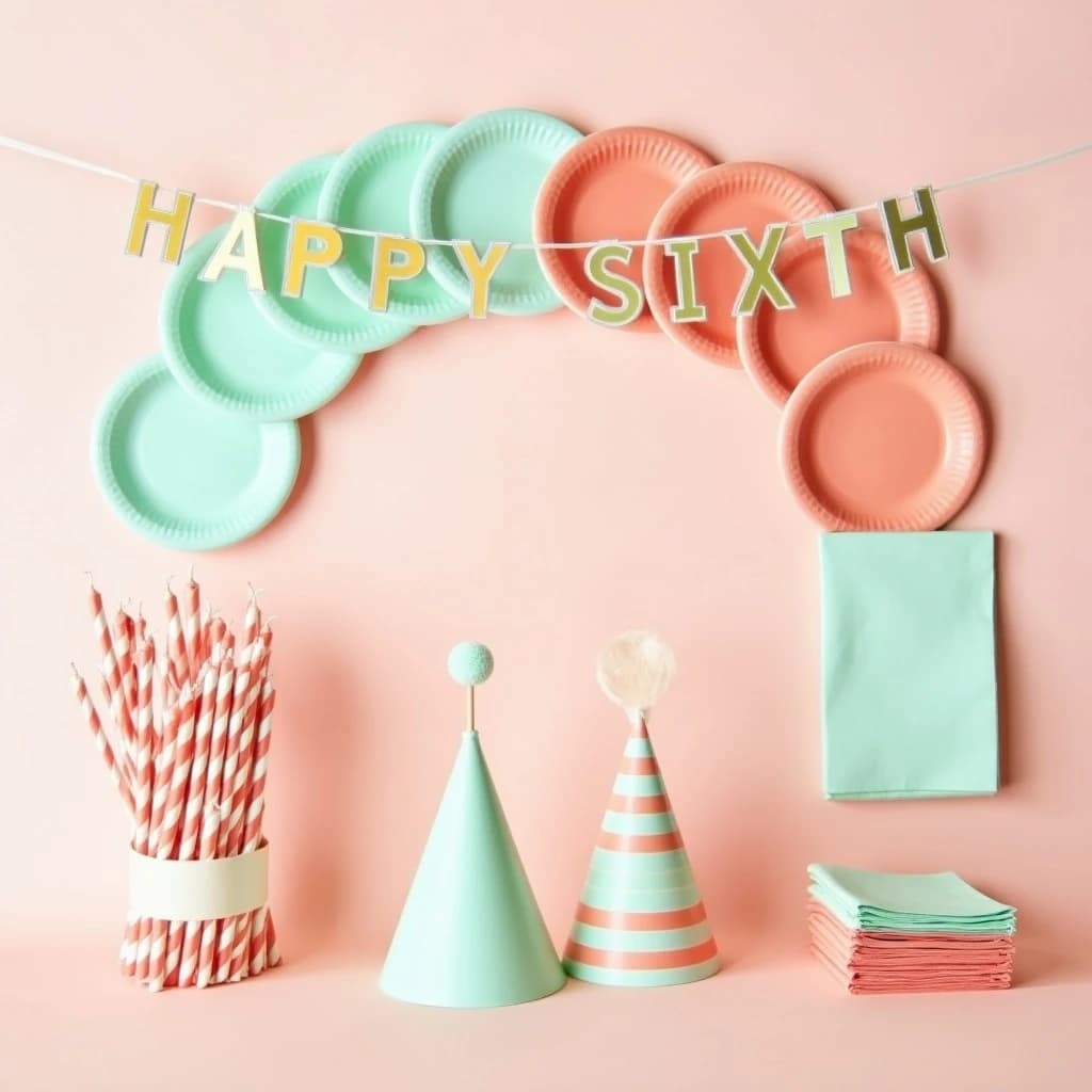 Flat lay photograph on pale pink paper, lit softly from above.
Eight paper plates fanned in an arc across the top of the frame, alternating mint and coral, four of each, mint first from the left.
Below the arc, twelve striped candles bundled under a paper band, laid diagonally.
Three cone party hats stacked at the lower left, only the middle hat trimmed with a pom pom.
At the lower right, six folded napkins in two piles of three, one pile mint and one coral.
A paper banner strung across the very top spells "HAPPY SIXTH" in gold letters, a few letters overlapping the plate arc.