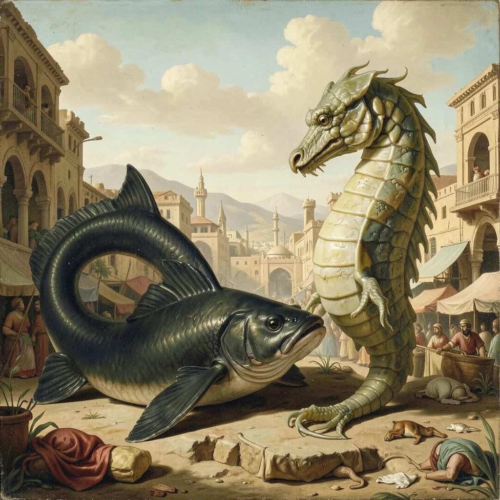 Blackfish and Sea Horse in Sanaa, Yemen in the style of neoclassical