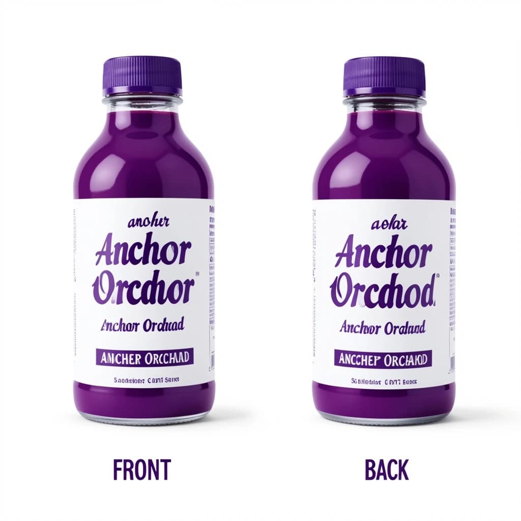 Printed poster: one hot-sauce bottle in two views. The views are captioned "front" and "back" in that order. The wordmark "Anchor Orchard" appears on every view. The purple-and-white coloring is the same across every view, and only the angle changes.