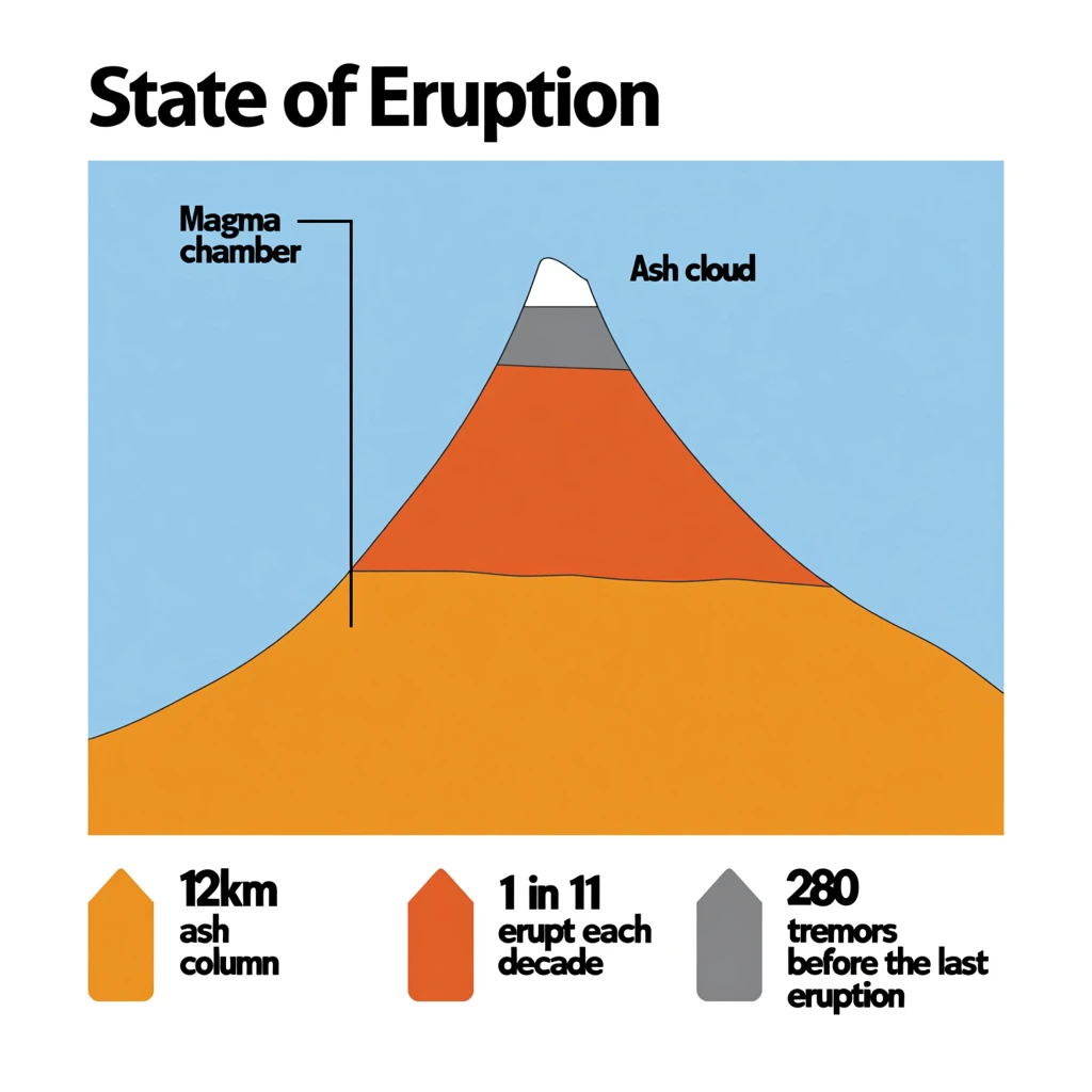 Flat infographic titled "State of Eruption". A simplified hazard map of the slopes sits at the center, carrying two keyed regions, "Magma chamber" shaded orange and "Ash cloud" shaded gray. Three stat chips run down a bottom row, reading "12km ash column", "1 in 11 erupt each decade" and "280 tremors before the last eruption". Each key color matches the shading of the region it names.
