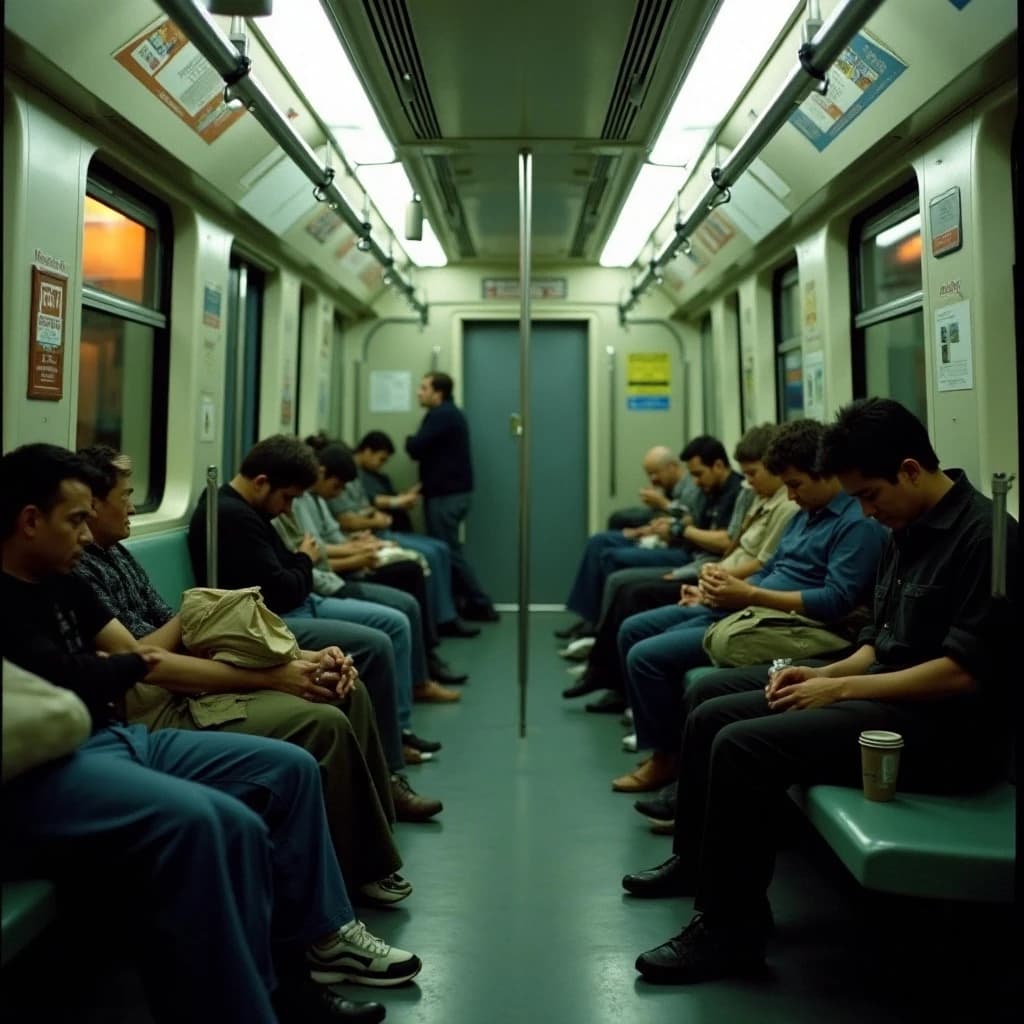 Cinematic photograph inside a late night subway car, handheld, lit only by flickering ceiling strips and orange platform light sliding past the windows. Nine passengers down the car: the three on the left bench all sleep with heads tipped at different angles, the four on the right bench are awake, one folding a paper bag, one holding a bike wheel upright between his knees, one wrapping her own wrist in tape, one staring straight into the lens. Two more stand at the far doors gripping the same pole with a violin case wedged between them. An empty seat beside the nearest sleeper, a coffee cup rolling under it.