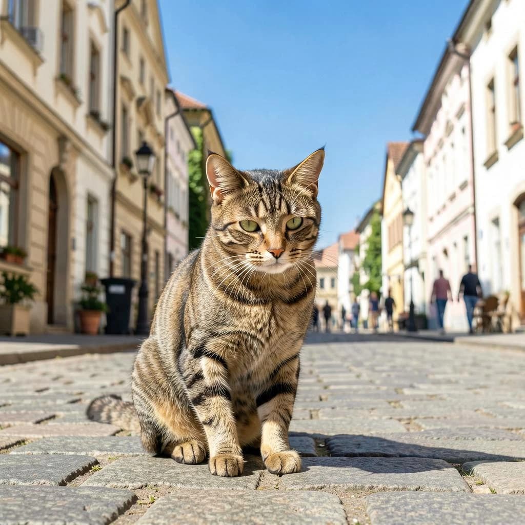The instant a tabby cat gathers the color of the surrounding sky, on a cobblestone street, in bright midday sun.