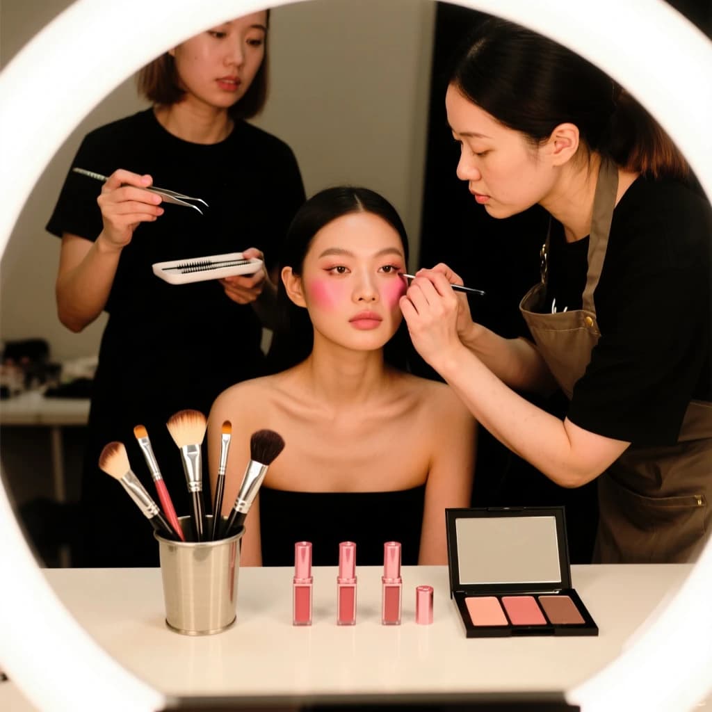 Fashion photograph at a backstage vanity lit by a ring light. A makeup artist in a black apron leans in from the right and blends cream blush into a seated model's cheekbone with her fingers, while a second artist standing behind them holds a lash tray in one hand and tweezers in the other, mid pick. On the counter between them: six brushes standing bristle up in a metal cup, three lipstick bullets lying in a row with their caps off beside them, and one open palette showing two used shades and four untouched. Warm skin tones, glossy highlights, shallow depth of field.
