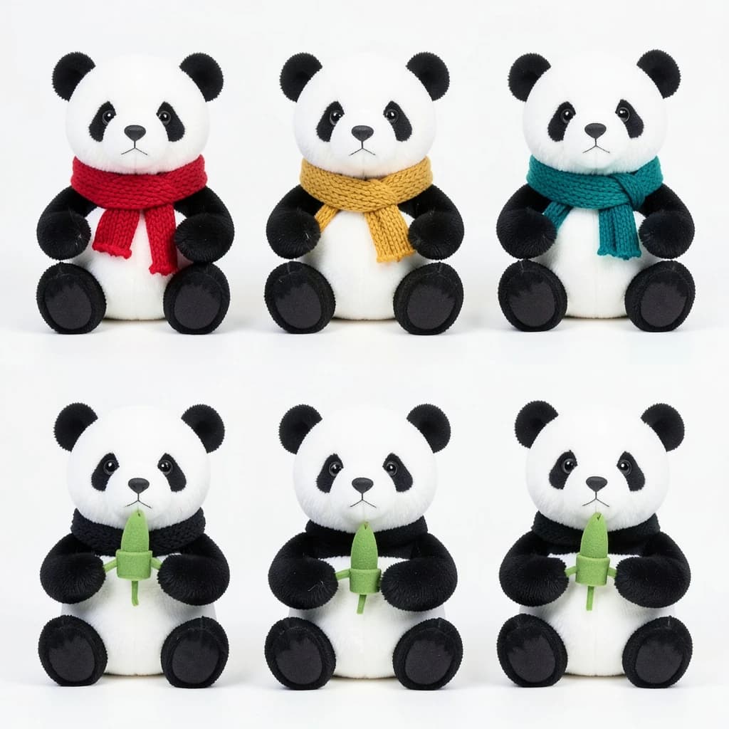 Studio product photography, plain white variant grid: six panda plushes in two rows of three, all seated facing camera. The top row wears knit scarves in red, mustard and teal. The bottom three wear no scarves, each holding a small felt bamboo shoot.