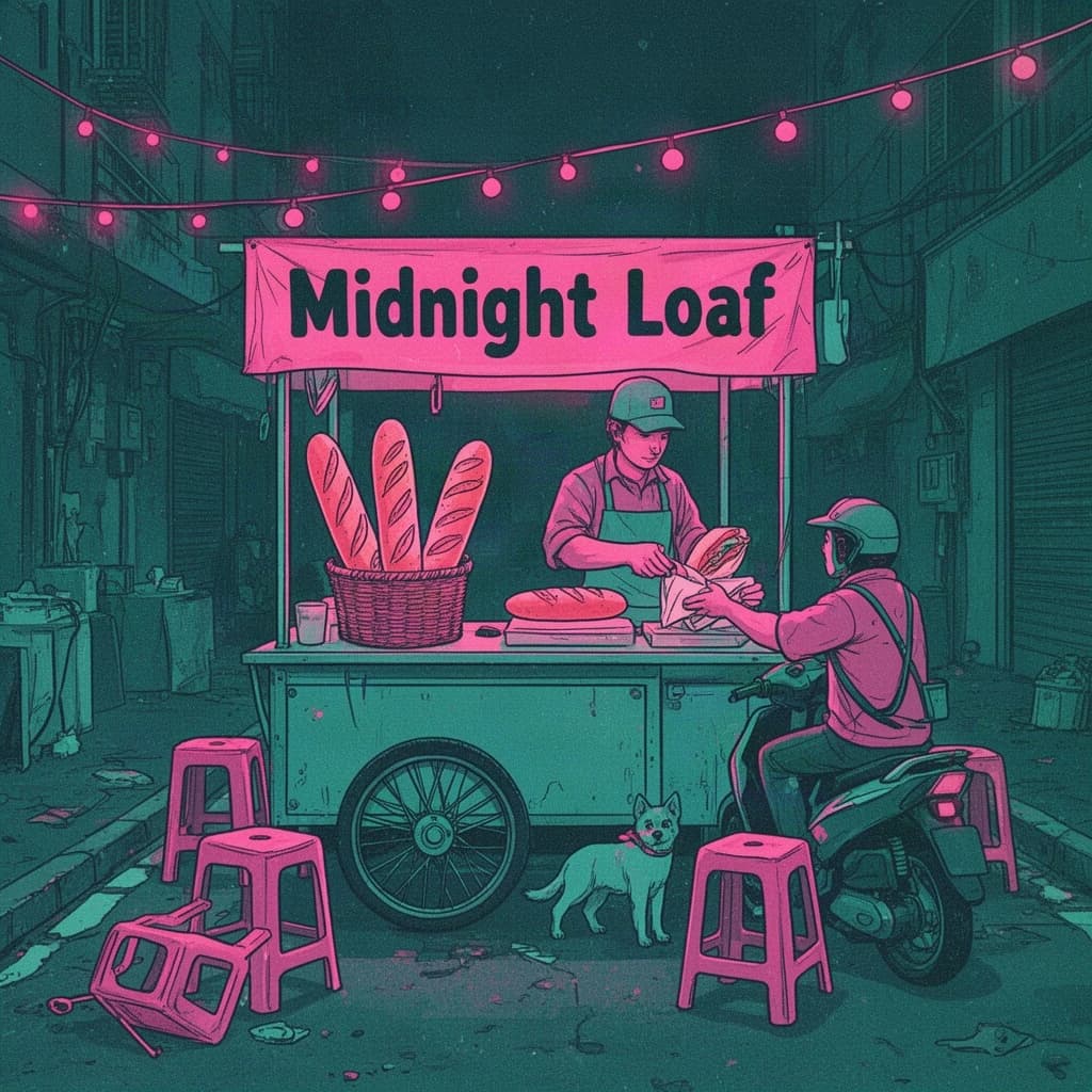 Two-color risograph print key art in fluorescent pink and teal with visible misregistration and paper grain, for a street food courier game. A night market alley: the banh mi cart at center with three baguettes standing upright in a basket and two more being sliced by the vendor, who hands one wrapped sandwich down to a courier straddling a scooter. Four plastic stools in front of the cart, three occupied and the one nearest the gutter tipped over. Two strings of bulbs cross overhead. A dog waits under the cart axle. The stall banner reads "Midnight Loaf".