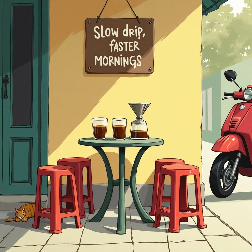 A frame from a hand drawn animated cel, inked outlines and flat gouache paint, warm morning light: a street cafe with four low plastic stools around a metal table. Three glasses of Vietnamese iced coffee sit on the table, two stirred through to caramel brown and one still black over an unmixed white layer of condensed milk. A metal phin filter drips into a fourth glass at the table edge. A cat sleeps under the stool nearest the kerb, and a scooter passes behind, cropped by the frame edge. Hand lettered sign on the wall: "Slow drip, faster mornings".