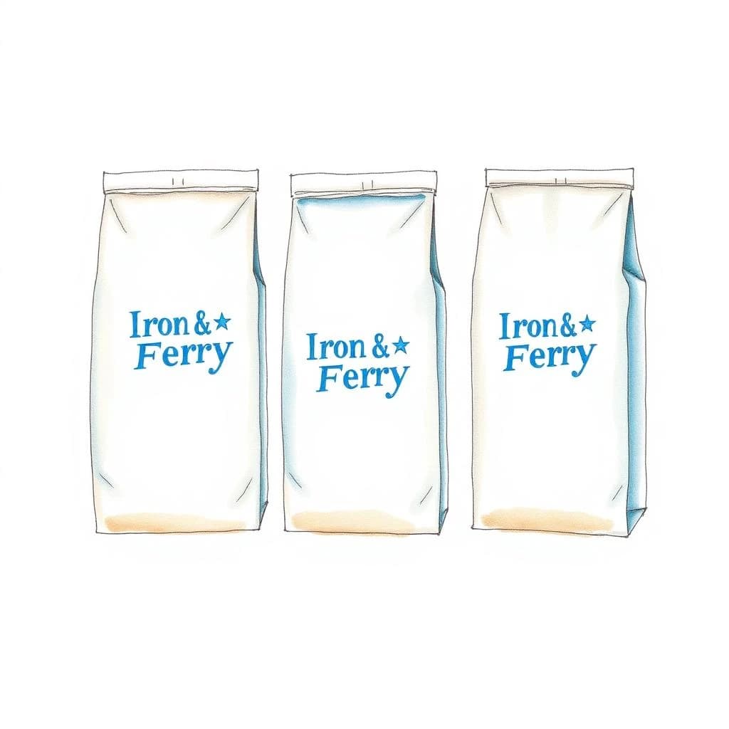 Watercolor of the same coffee bag drawn in three views, captioned "front", "side" and "back", every view carrying the wordmark "Iron & Ferry" with a five-point star outline beside it in the same blue-and-silver coloring, only the angle changing.