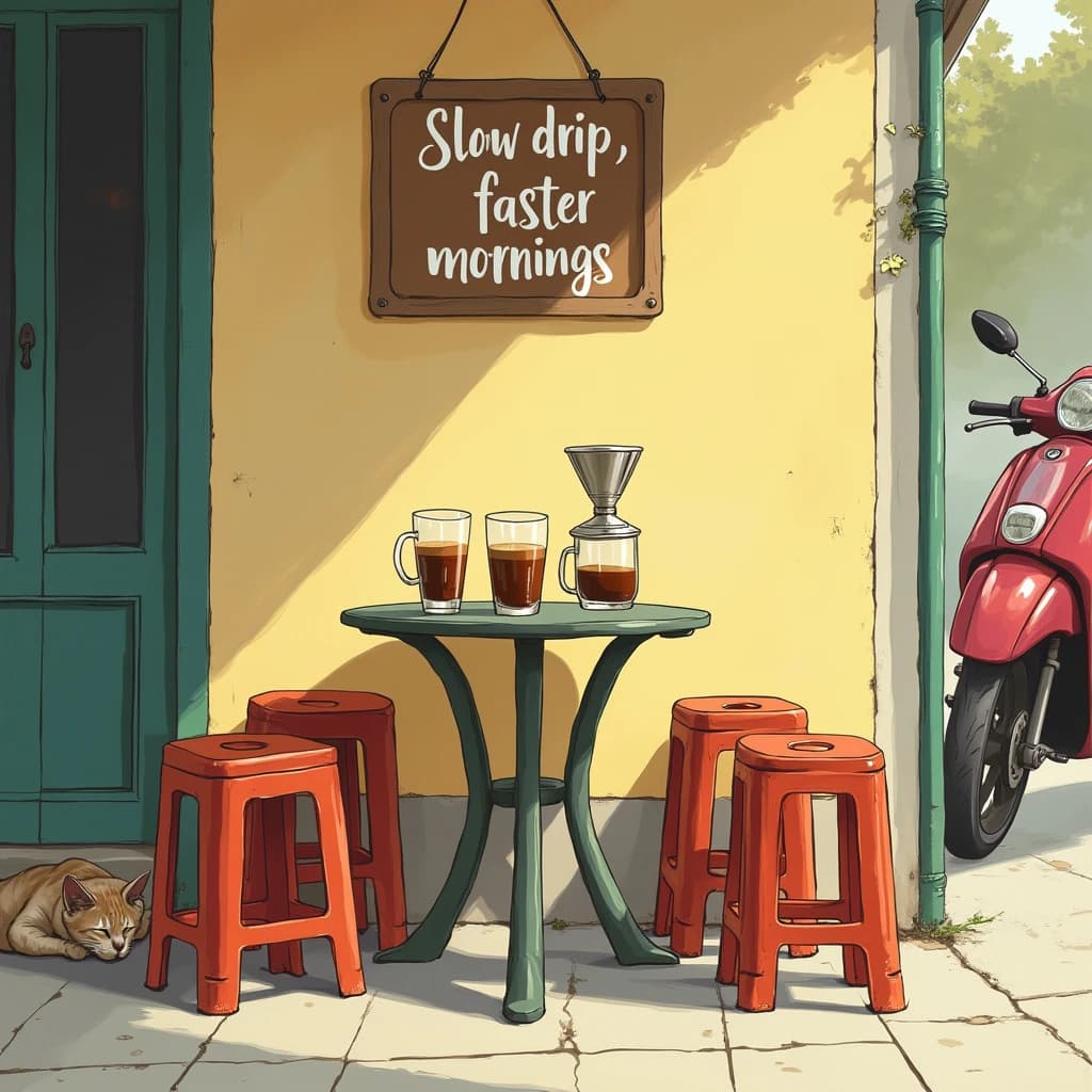A frame from a hand drawn animated cel, inked outlines and flat gouache paint, warm morning light: a street cafe with four low plastic stools around a metal table. Three glasses of Vietnamese iced coffee sit on the table, two stirred through to caramel brown and one still black over an unmixed white layer of condensed milk. A metal phin filter drips into a fourth glass at the table edge. A cat sleeps under the stool nearest the kerb, and a scooter passes behind, cropped by the frame edge. Hand lettered sign on the wall: "Slow drip, faster mornings".