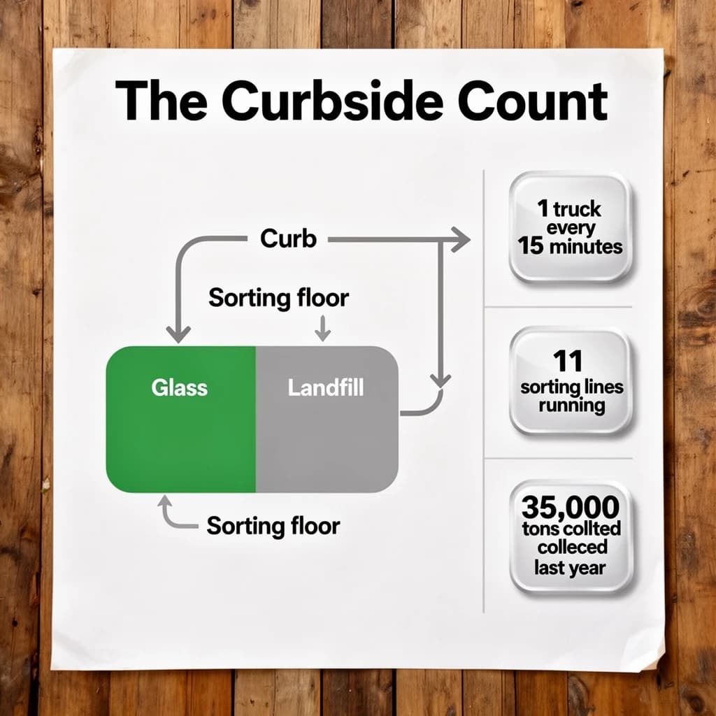 Printed poster titled "The Curbside Count": at the center a flow chart from curb to sorting floor, carrying two keyed regions, "Glass" shaded green and "Landfill" shaded gray, beside a right column of three stat chips reading "1 truck every 15 minutes", "11 sorting lines running" and "35,000 tons collected last year".