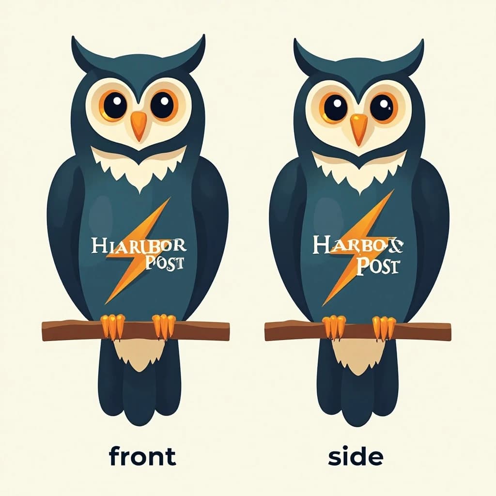 Flat vector illustration of the same bookstore owl mascot drawn in two views, captioned "front" and "side", every view carrying the wordmark "Harbor & Post" with a lightning-bolt symbol beside it in the same navy-and-gold coloring, only the angle changing.