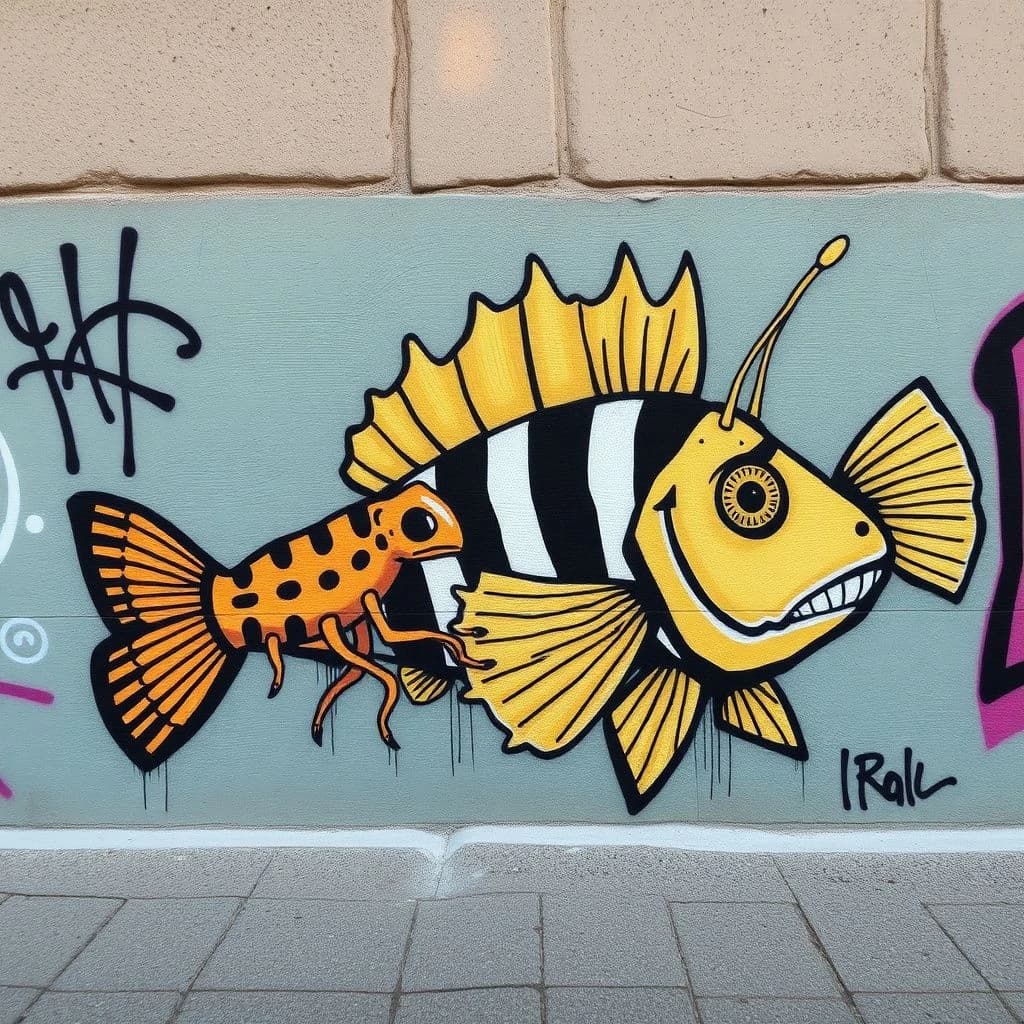 Fungus Gnat and Banded Rudderfish in Rome, Italy in the style of graffiti