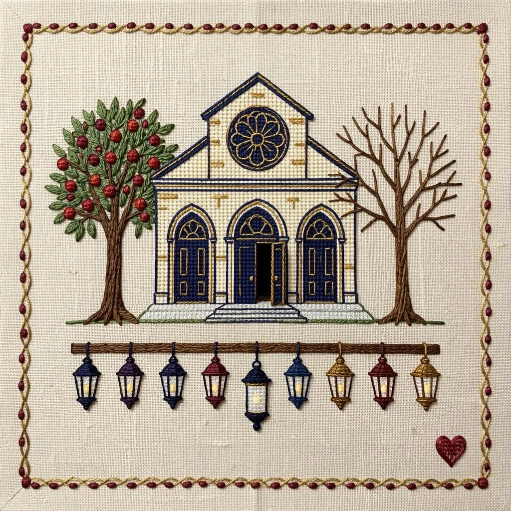 Pin stitched as a cross stitch sampler on natural linen, chunky visible stitches. Center: a synagogue front elevation in deep blue and gold thread, a rose window above three arched doors, the middle door taller and standing open while the two outer doors are closed. Two stitched olive trees flank the building, the left one heavy with fruit and the right one bare. Along the bottom, nine stitched lamps hang from a stitched beam with the middle lamp hanging lower than the rest. A narrow pomegranate border runs all the way around, with a small stitched heart in the bottom right corner.