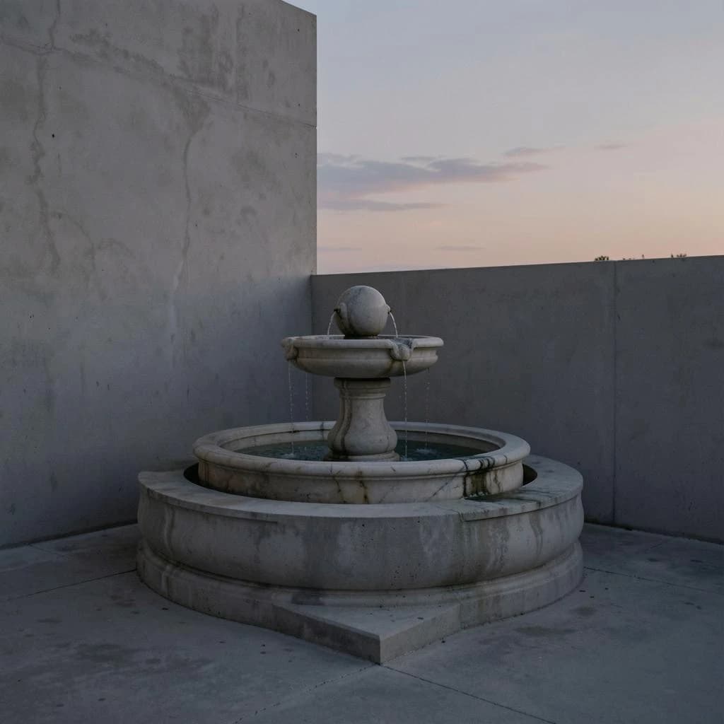 one marble fountain against plain concrete, dusk