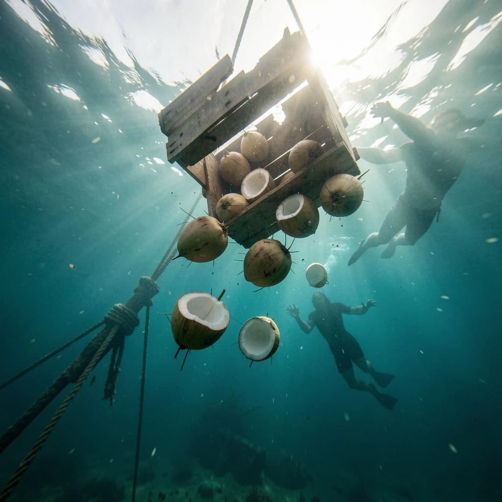 Underwater photography, film still from a castaway feature, shot from six metres down looking up toward the surface. A wooden crate has burst mid-sink: nine coconuts drift out of it, five still husked and pale brown, four split open and white, the split ones sinking faster than the whole ones. The crate hangs above them, lid half torn away, roped to a sunken mast that runs out of frame to the lower left. A swimmer silhouetted against the bright surface reaches down toward the nearest whole coconut, one fin missing. Blue green water column, sunbeams, drifting particles, natural light only.