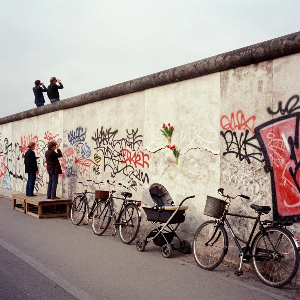 Shot on 1970s Kodachrome era color film, warm grain and slightly faded reds. A stretch of the Berlin Wall on a grey afternoon, covered in overlapping graffiti with one clean unpainted panel in the middle. Three people stand on a wooden viewing platform at the left, two of them looking over the top through binoculars while the third has turned back toward the camera with a cigarette. Four bicycles lean along the base of the wall, three upright and one fallen on its side. A pram is parked below the clean panel with a small bunch of tulips wedged into a crack above it. No cars in the frame.