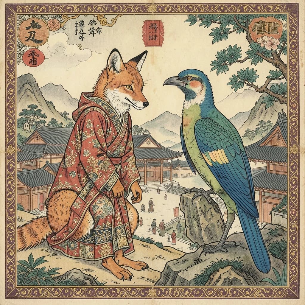 Fox and Turaco in Pyongyang, North Korea in the style of byzantine
