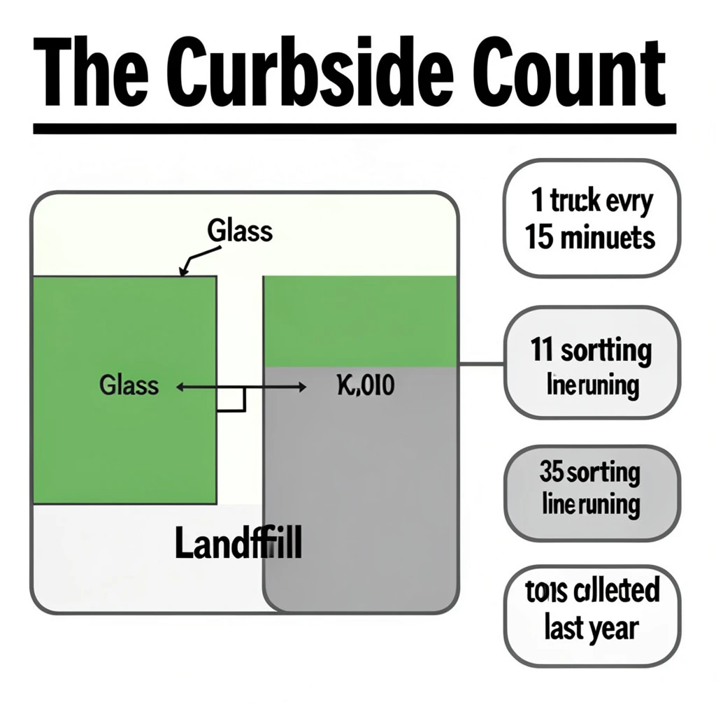 Printed poster titled "The Curbside Count": at the center a flow chart from curb to sorting floor, carrying two keyed regions, "Glass" shaded green and "Landfill" shaded gray, beside a right column of three stat chips reading "1 truck every 15 minutes", "11 sorting lines running" and "35,000 tons collected last year".