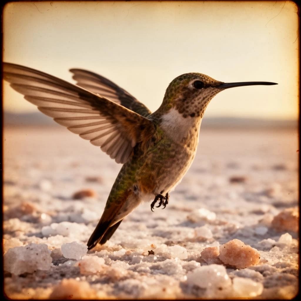 85mm f/8 portrait of a hummingbird across a salt flat, lit through a north-facing window, deep focus, warm color negative look