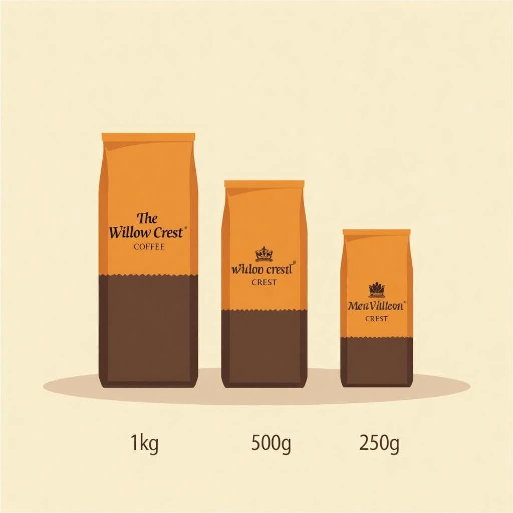 Flat vector illustration of the same coffee bag drawn in three sizes, captioned "1kg", "500g" and "250g", every size carrying the wordmark "The Willow Crest" in the same orange-and-brown coloring, only the bag size changing.