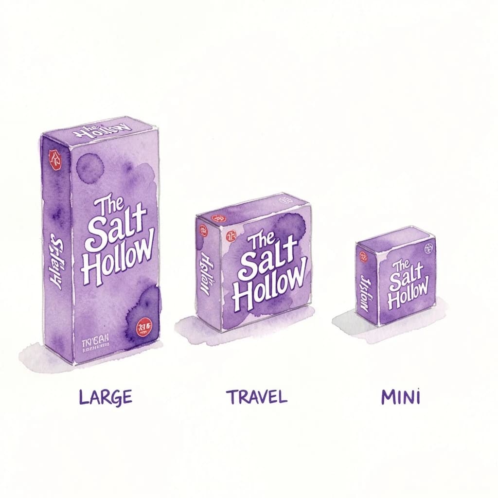 Watercolor of the same board-game box drawn in three editions, captioned "Large", "Travel" and "Mini", every edition carrying the wordmark "The Salt Hollow" in the same purple-and-white coloring, only the box size changing.