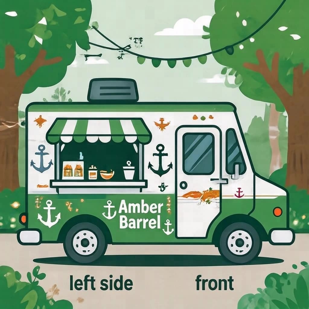 Flat vector illustration: one food truck in two sides. The sides are captioned "left side" and "front" in that order. The wordmark "Amber Barrel" appears on every side with a small anchor mark beside it. The green-and-white coloring is the same across every side, and only the side changes.