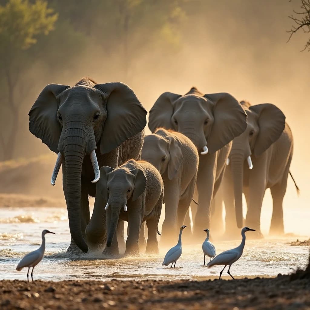 Wildlife photograph for a conservation campaign: a herd crossing a dusty riverbed in low sun. Seven elephants walking left to right, three adults flanking on the outside and two calves tucked between them, one adult trailing at the rear with a broken tusk, and the lead matriarch already up the far bank. Four egrets on the ground, only two of them near the calves. Long shadows, dust haze, nothing written in frame.
