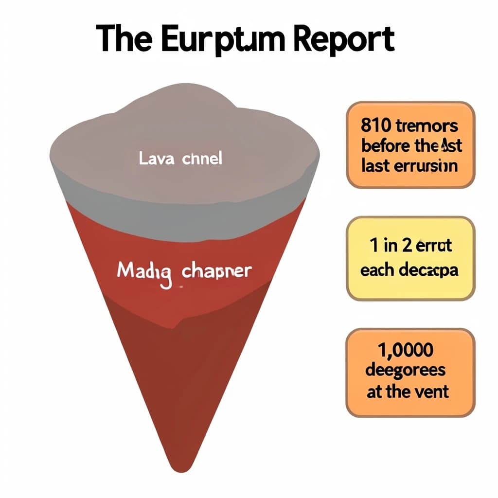 Flat vector illustration titled "The Eruption Report". A cutaway cone sits at the center, carrying three keyed regions, "Lava channel" shaded red, "Ash cloud" shaded gray and "Magma chamber" shaded orange. Three stat chips run down a right column, reading "810 tremors before the last eruption", "1 in 23 erupt each decade" and "1,000 degrees at the vent". Each key color matches the shading of the region it names.