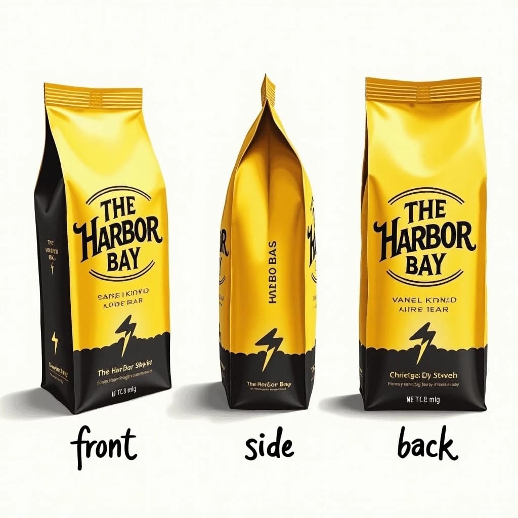 Gouache painting of the same coffee bag drawn in three views, captioned "front", "side" and "back", every view carrying the wordmark "The Harbor Bay" with a lightning-bolt symbol beside it in the same black-and-yellow coloring, only the angle changing.
