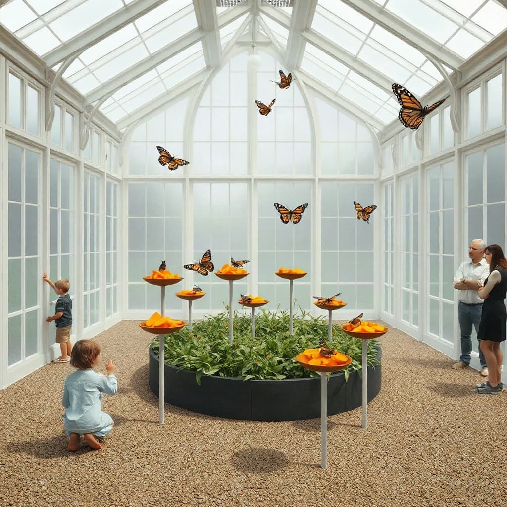 Interior render of a glasshouse butterfly conservatory, white cast iron arches and misted glass, humid morning light.
A raised planting bed spirals through the centre with a gravel path running around it. Five feeding stations on slim posts stand along the path, each holding a shallow dish of orange slices: monarch butterflies cluster on three of the dishes while two are untouched. Seven more monarchs rest on the milkweed in the bed and two are in flight above the path. Three visitors in the room, a child crouching at the nearest feeding station, an adult behind her pointing upward, and a guide standing at the far end beside an information board. Fine mist drifting near the roof vents. Physically based render.